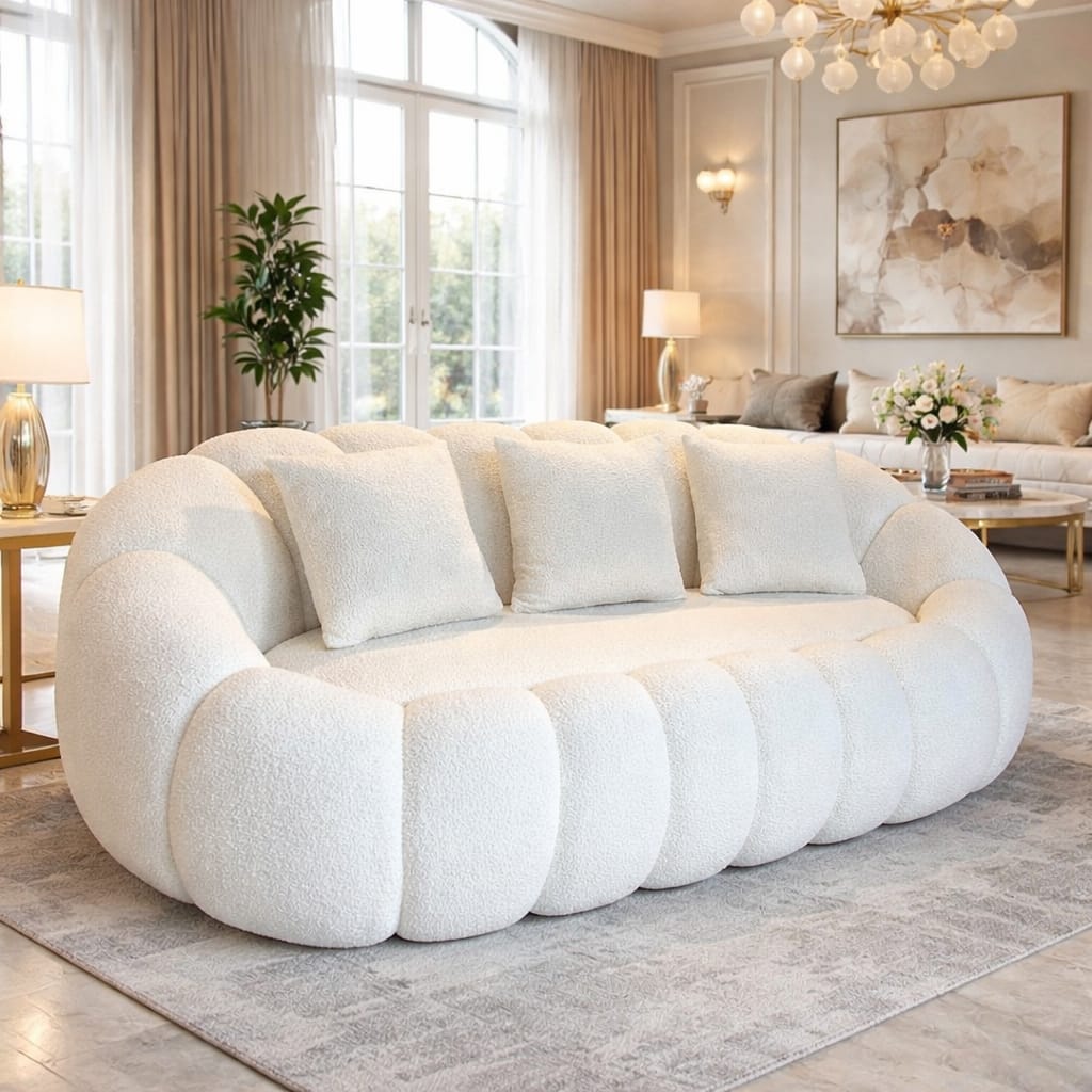 Modern living room with a large white sofa, decorative pillows, and a stylish rug.