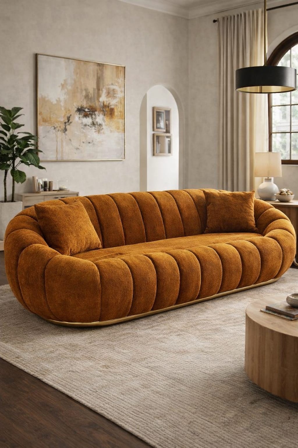 Orange sofa in a living room with decor elements
