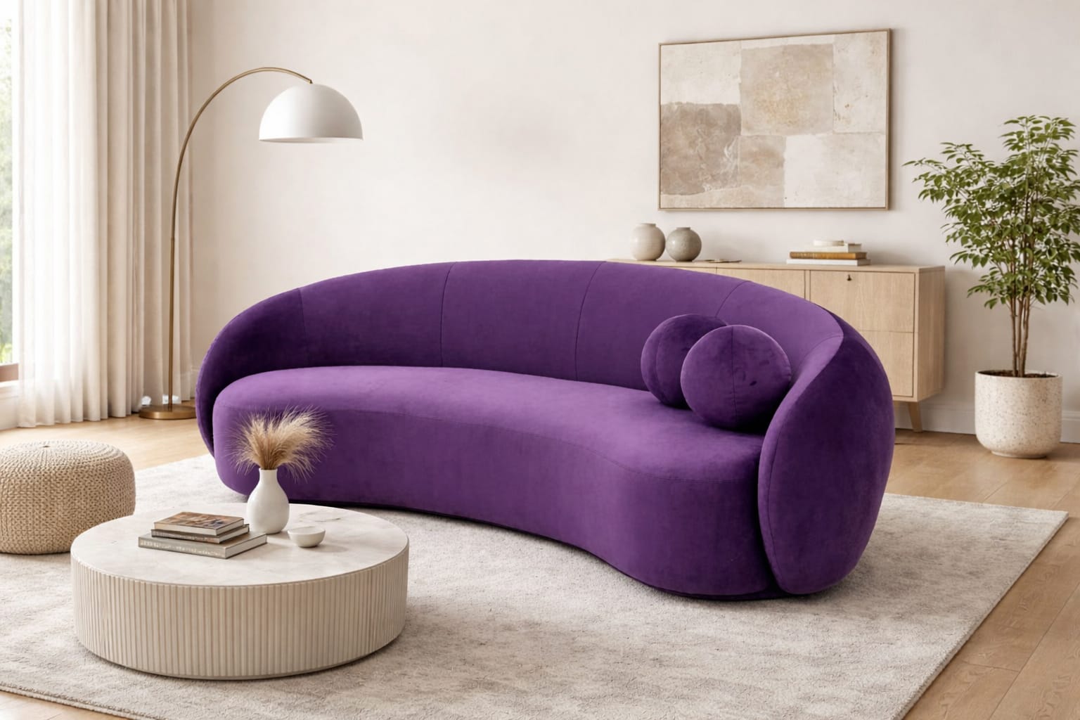 Purple sofa in a modern living room with a coffee table and decor items.