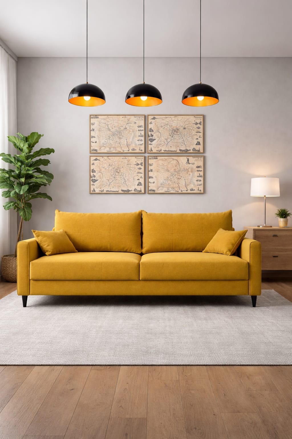 Yellow sofa in a modern living room with decor elements.