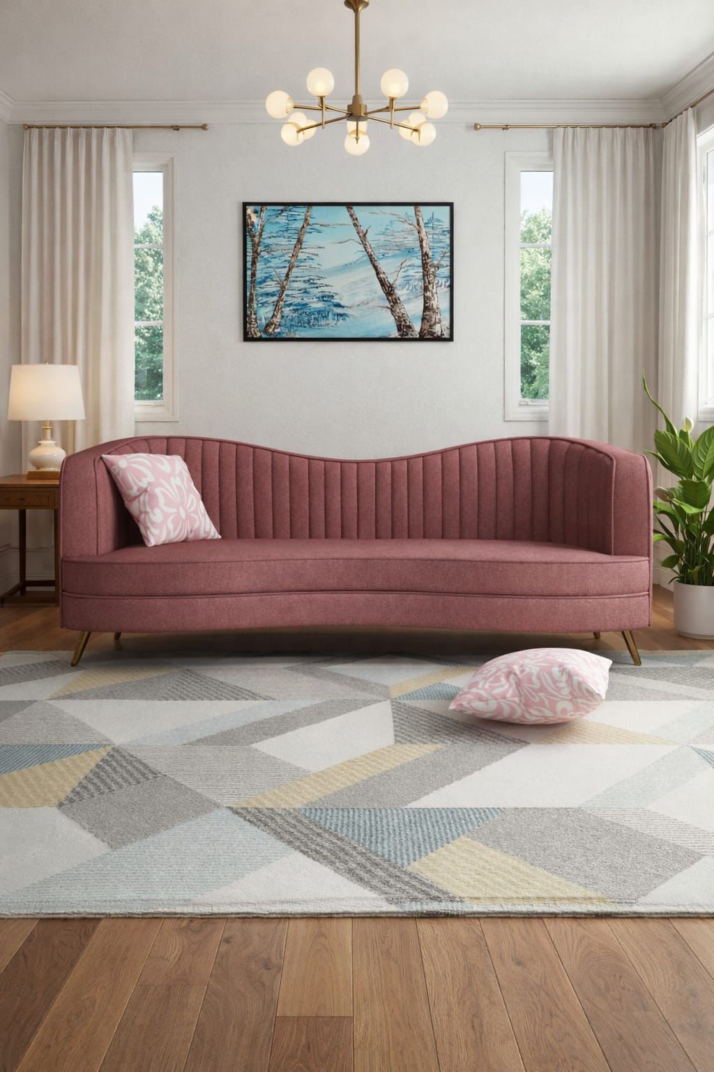 Living room with a pink sofa, geometric rug, and framed artwork on the wall.