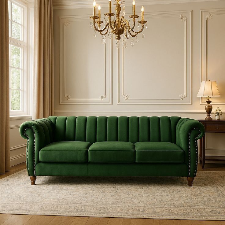 Green sofa in a stylish living room with a chandelier and lamp.