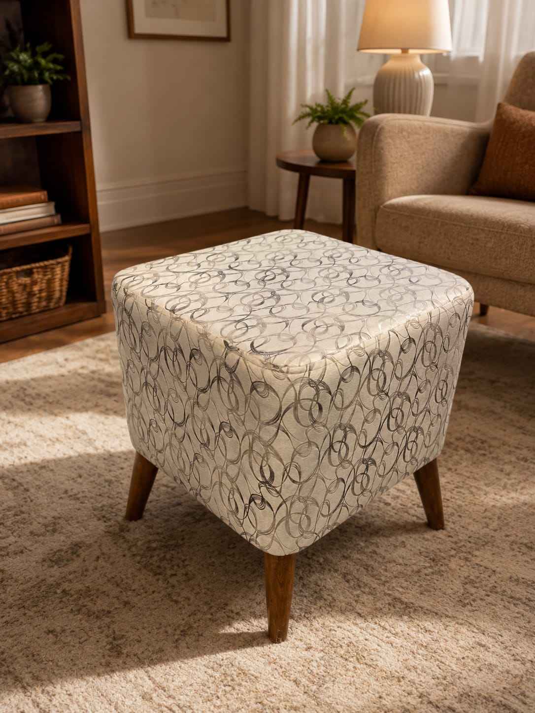 Wooden Pouf Stools Pair for Extra Seating and Footrest