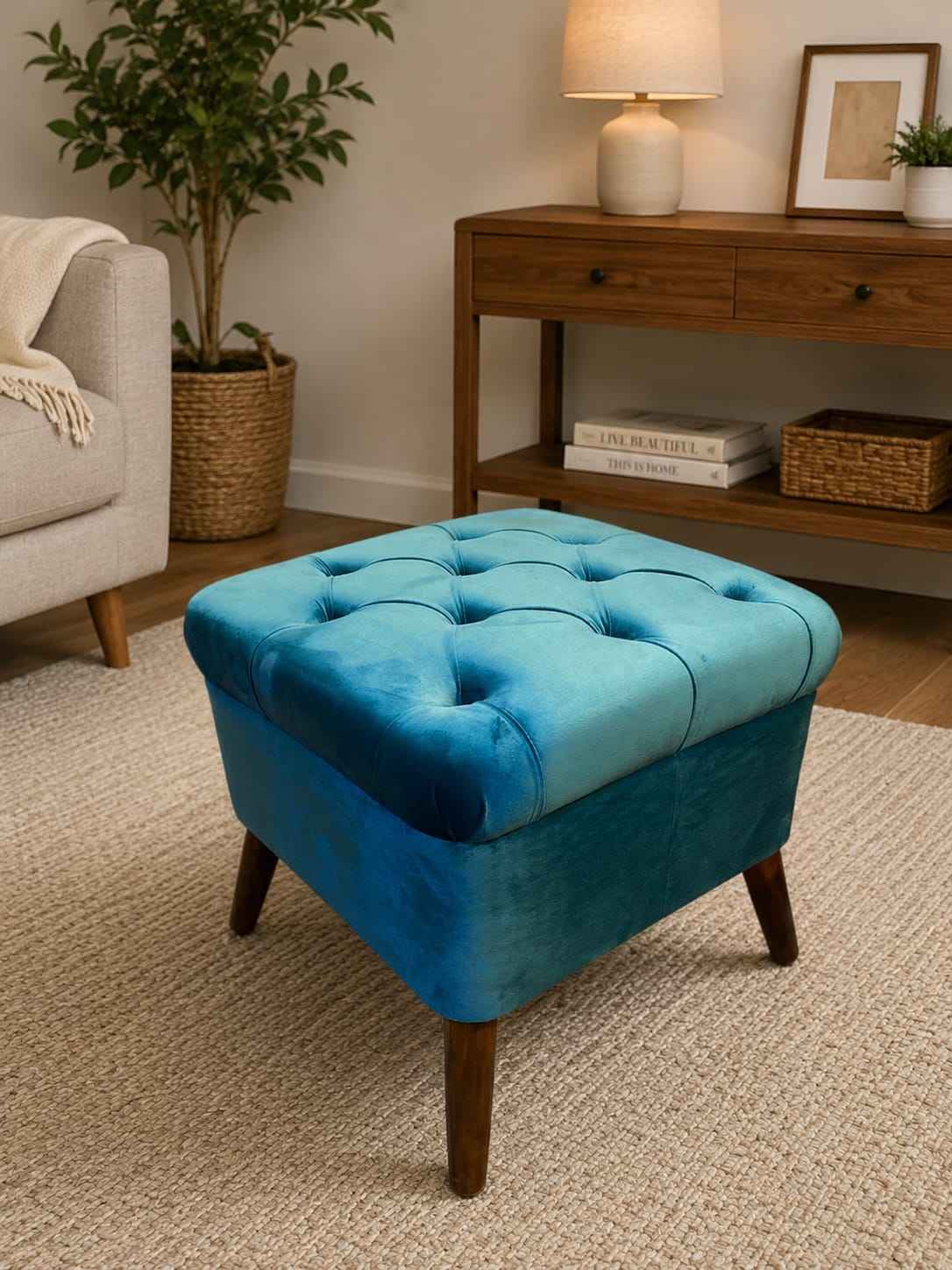 Wooden Pouf Stools Pair