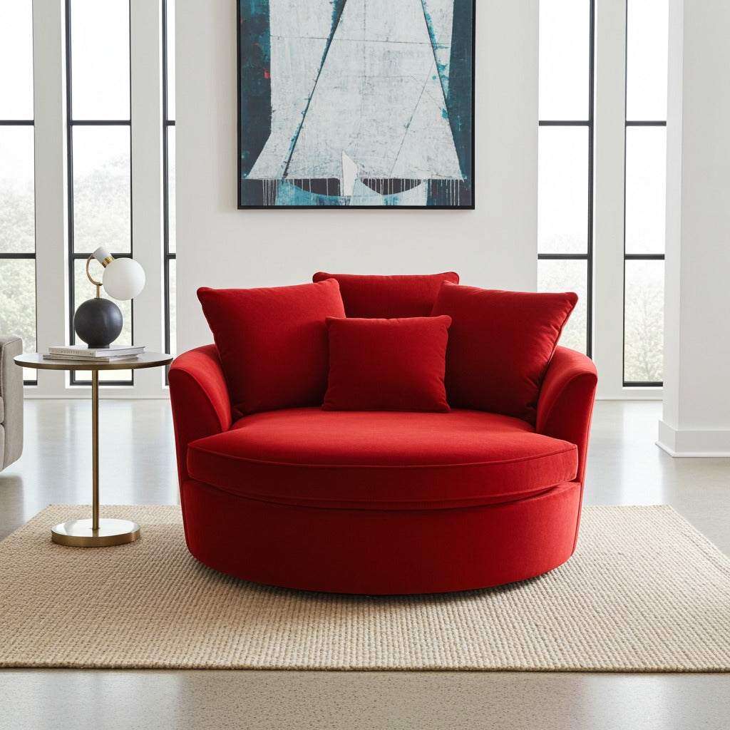 A round red velvet armchair with matching red throw pillows, styled in a bright, modern living room setting with a beige rug, a small side table, and a large abstract painting on the wall.