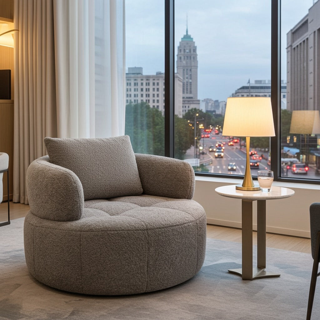 A round tufted lounge chair in textured taupe upholstery, styled in a modern room with a small side table and lamp, set against a large window overlooking a city skyline.