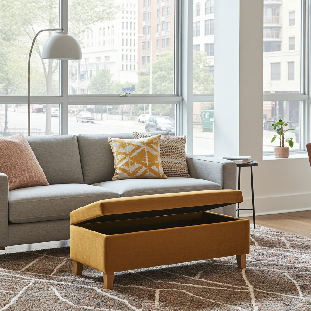 A mustard yellow upholstered storage ottoman with a lifted lid, placed in front of a light gray sofa in a bright, modern living room with large windows.