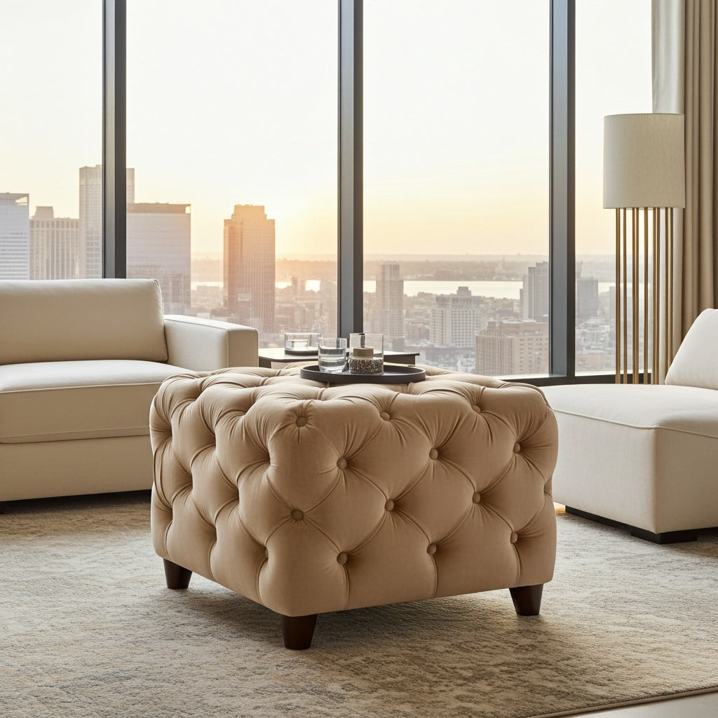 A beige tufted ottoman with dark wooden legs sits in a modern living room setting between two cream-colored armchairs, with a city skyline visible through large floor-to-ceiling windows in the background.