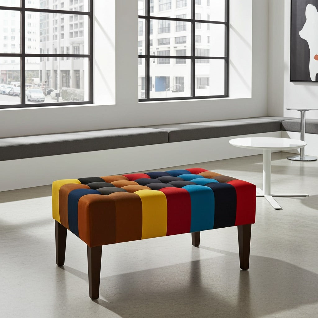 A rectangular tufted ottoman bench with colorful striped upholstery in yellow, orange, brown, blue, red, and black, supported by four dark wooden legs, shown in a modern, sunlit room.