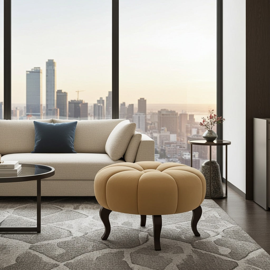 A modern living room scene with a cream sofa, a round tufted ottoman in warm beige, a patterned gray rug, and a large window overlooking a city skyline at sunset.