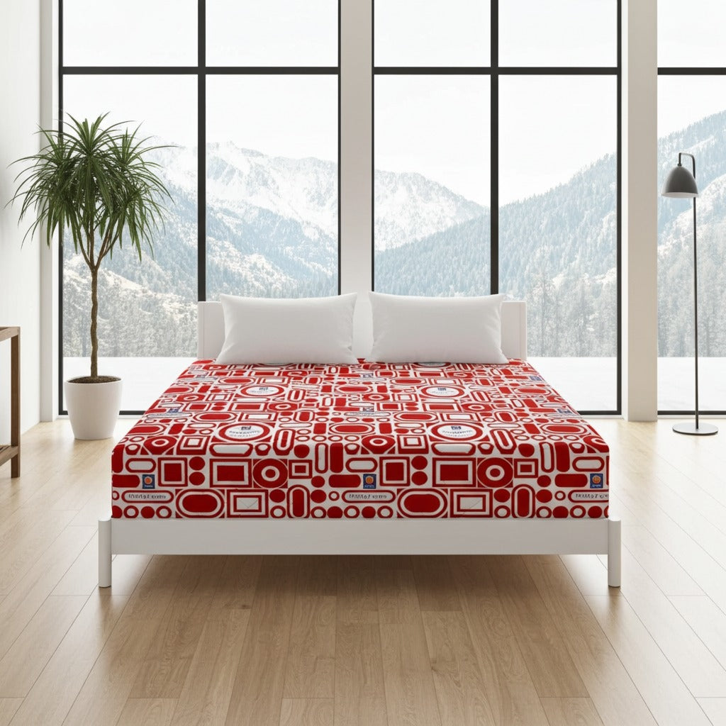 A bed dressed in a red and white retro patterned sheet or duvet, styled in a bright bedroom with a white platform bed frame, white pillows, a potted plant, and a floor lamp, set against large windows showing a mountain view.