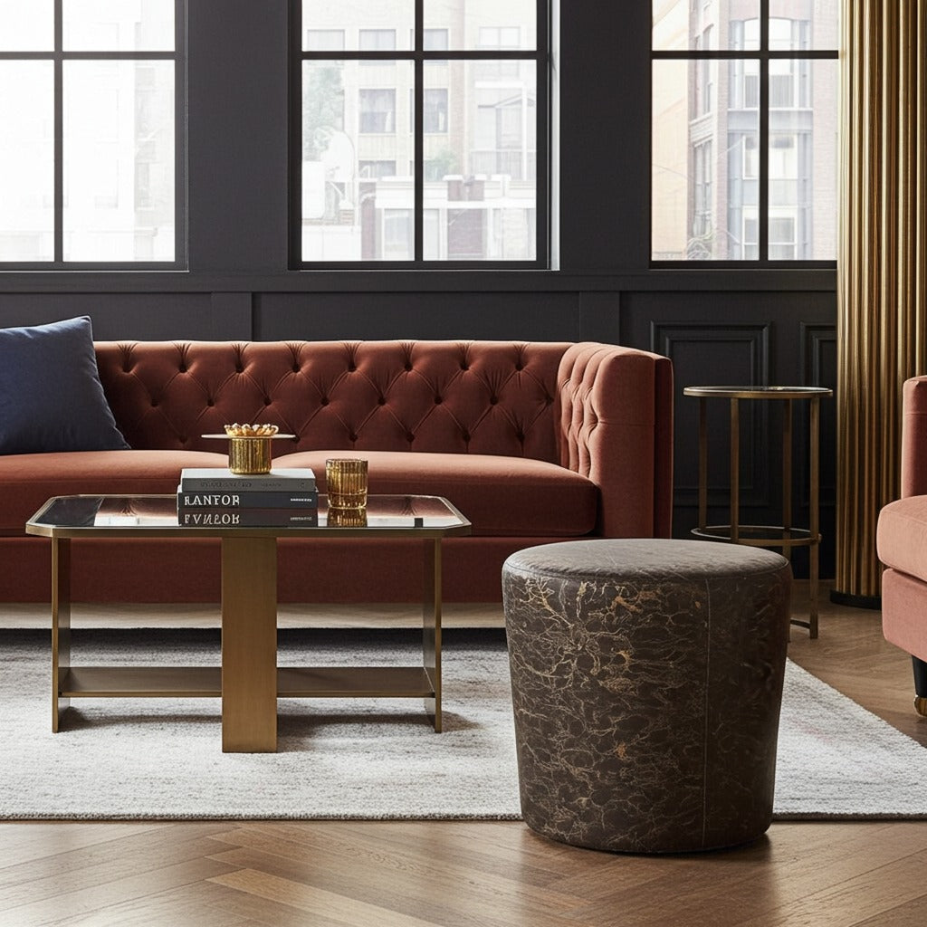A modern living room scene featuring a rust-brown tufted velvet sofa, a glass-top coffee table with gold metal legs, a round dark brown marble-patterned pouf, and a light gray rug in front of black paneled walls with large multi-pane windows.