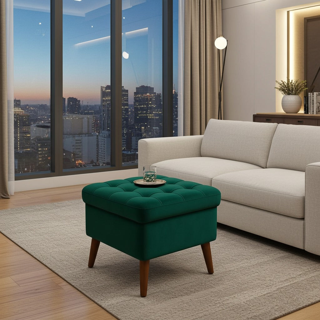 A green tufted velvet ottoman with wooden legs sits on a light beige rug in a modern living room next to a white sofa, with a large window showing a city skyline at dusk.