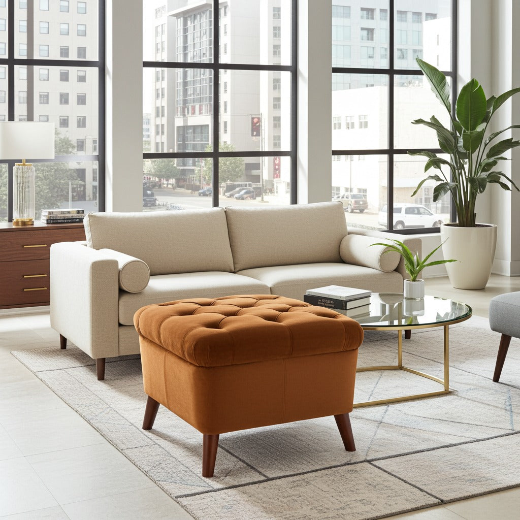A modern living room scene featuring a cream-colored sectional sofa and a prominent orange-brown tufted velvet ottoman with dark wood legs, set on a light gray patterned rug in front of a glass coffee table.