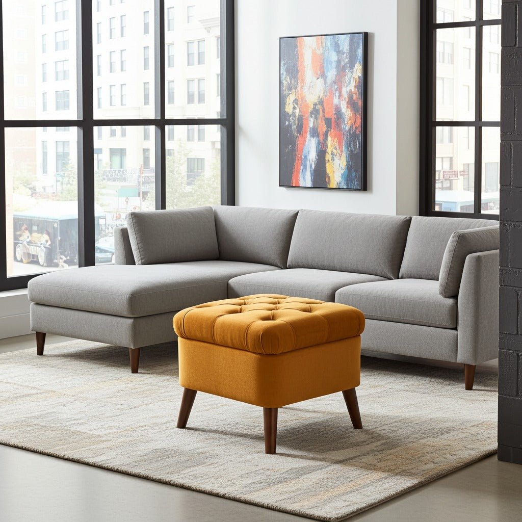 A modern light gray sectional sofa with a chaise lounge and a matching square ottoman in mustard yellow velvet with tufting and tapered wooden legs, styled in a contemporary living room setting.
