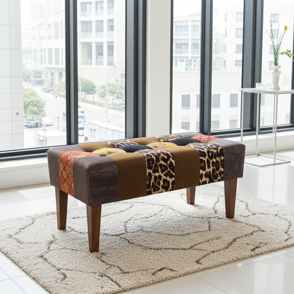 Luxury Wooden Two Seater Stool with Colorful Patchwork Fabric