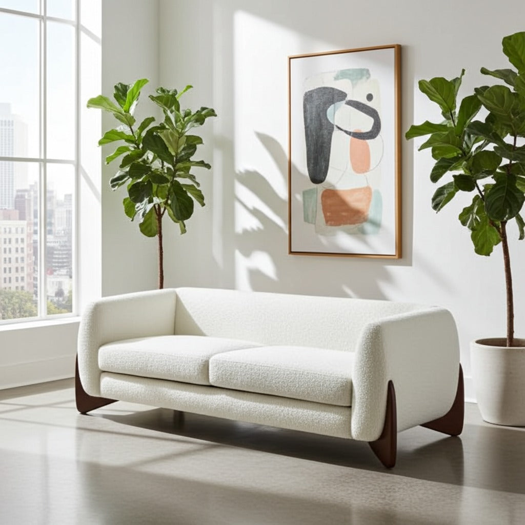 A modern white bouclé loveseat sofa with dark wood legs, styled in a bright, contemporary living room with potted fiddle-leaf fig plants and an abstract framed print on the wall.