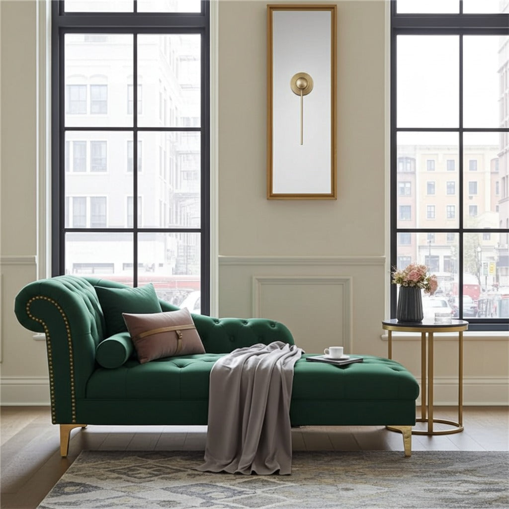 A green velvet chaise lounge with gold nailhead trim and gold legs, styled in a bright, modern room with large windows, a gray throw blanket, and a small side table.