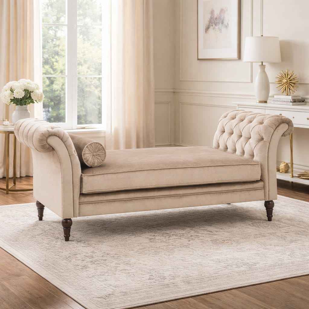 Beige chaise lounge in a stylish living room with decor elements.