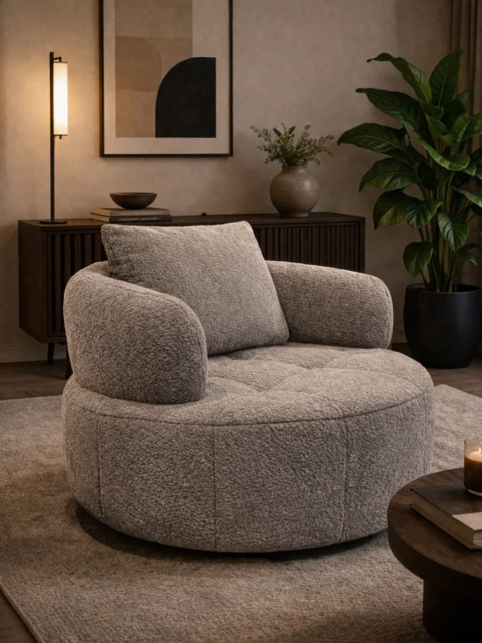 Gray armchair in a cozy living room setting with a lamp, plant, and side table.