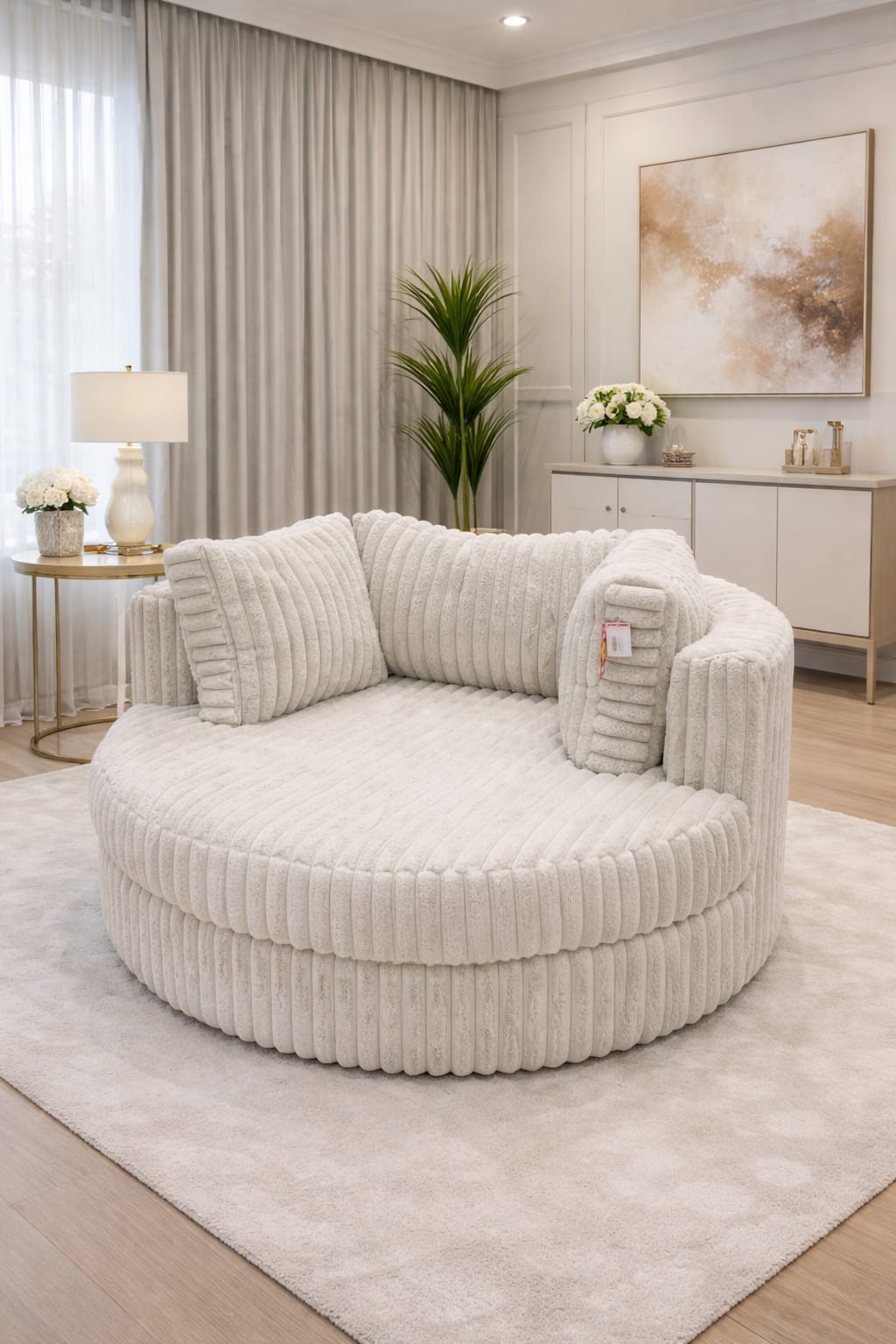 Round beige plush chair in a living room setting with decor elements.