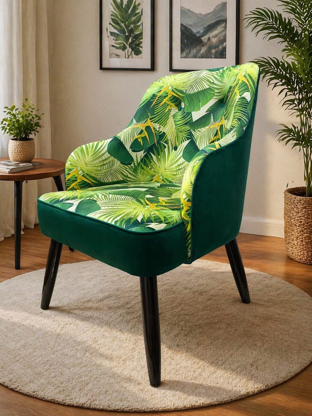 Green armchair with tropical leaf pattern in a room with plants and framed pictures.
