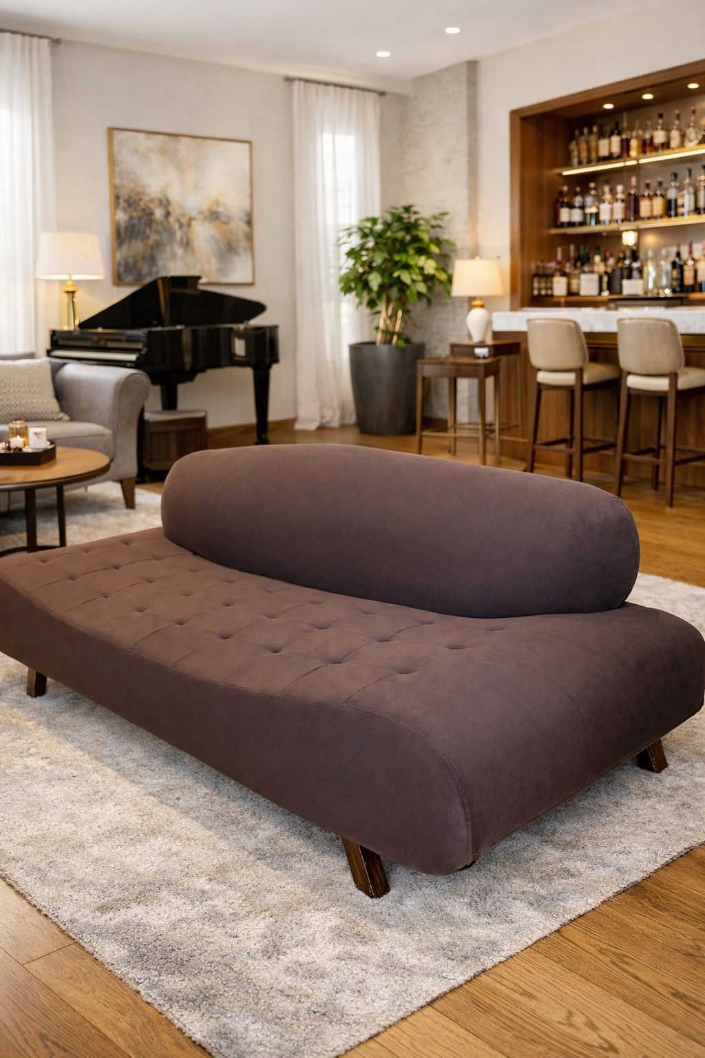 Brown sofa in a living room with a piano and bar area in the background.