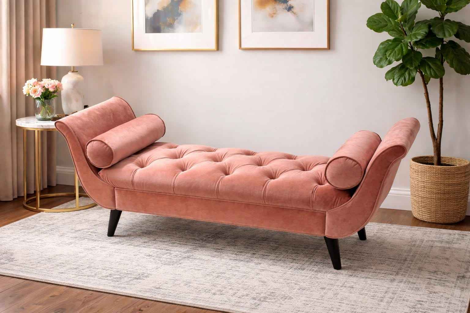 Pink tufted bench in a room with a lamp, plant, and framed art on the wall.