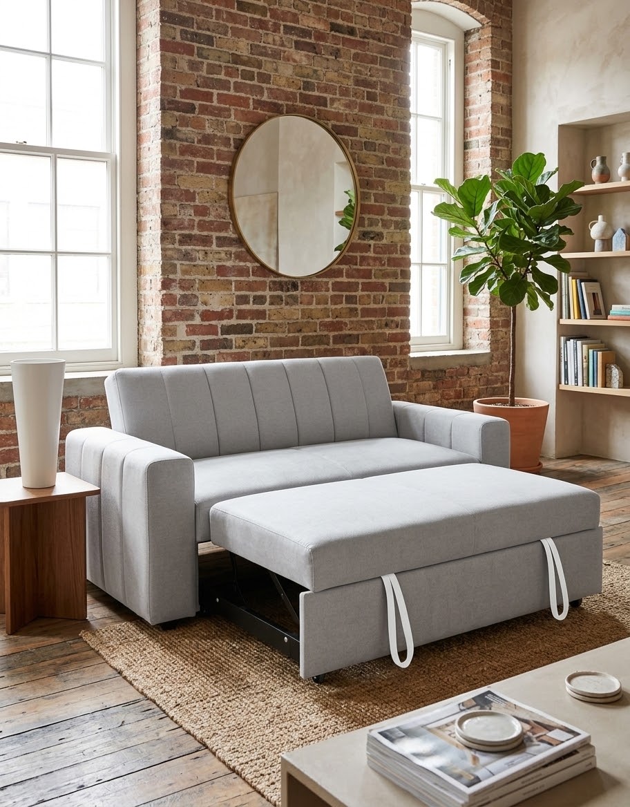 A light gray upholstered sleeper sofa in a bright living room with exposed brick walls, a round mirror, a potted plant, and a coffee table in the foreground.