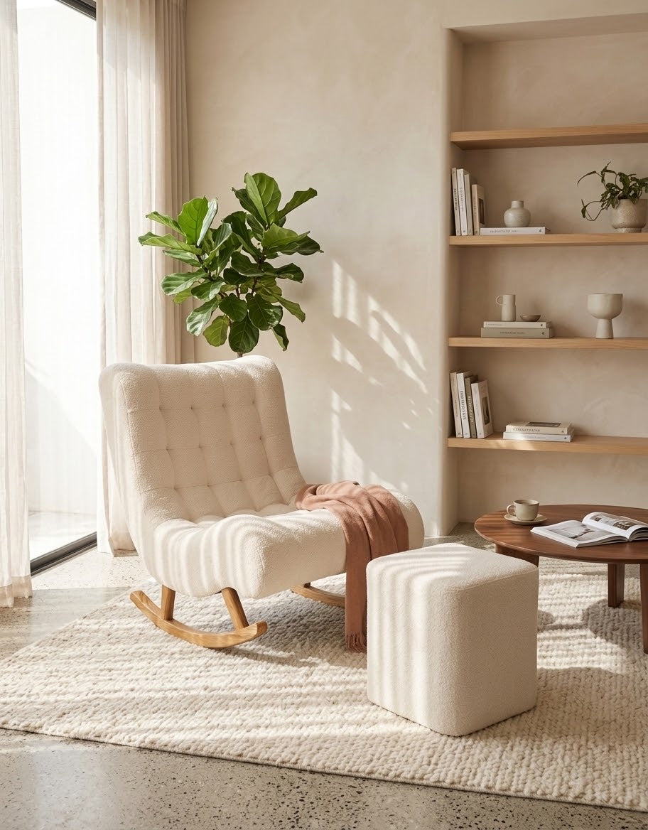 A cream tufted rocking chair with a matching ottoman in a bright, modern living room setting with a wooden bookshelf, rug, and potted plant.