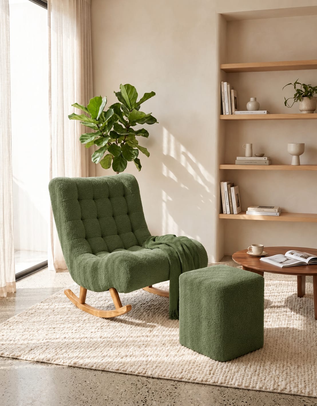 An olive green tufted upholstered rocking chair with a matching ottoman in a bright, modern living room setting.