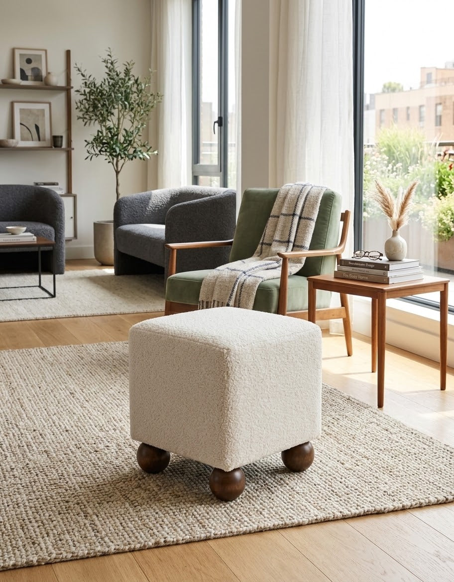A modern living room scene featuring a prominent cream bouclé ottoman with dark wooden ball feet in the foreground, set on a woven jute rug. In the background, a green armchair with a plaid throw blanket sits next to a wooden side table, with other contemporary furniture and large windows visible.
