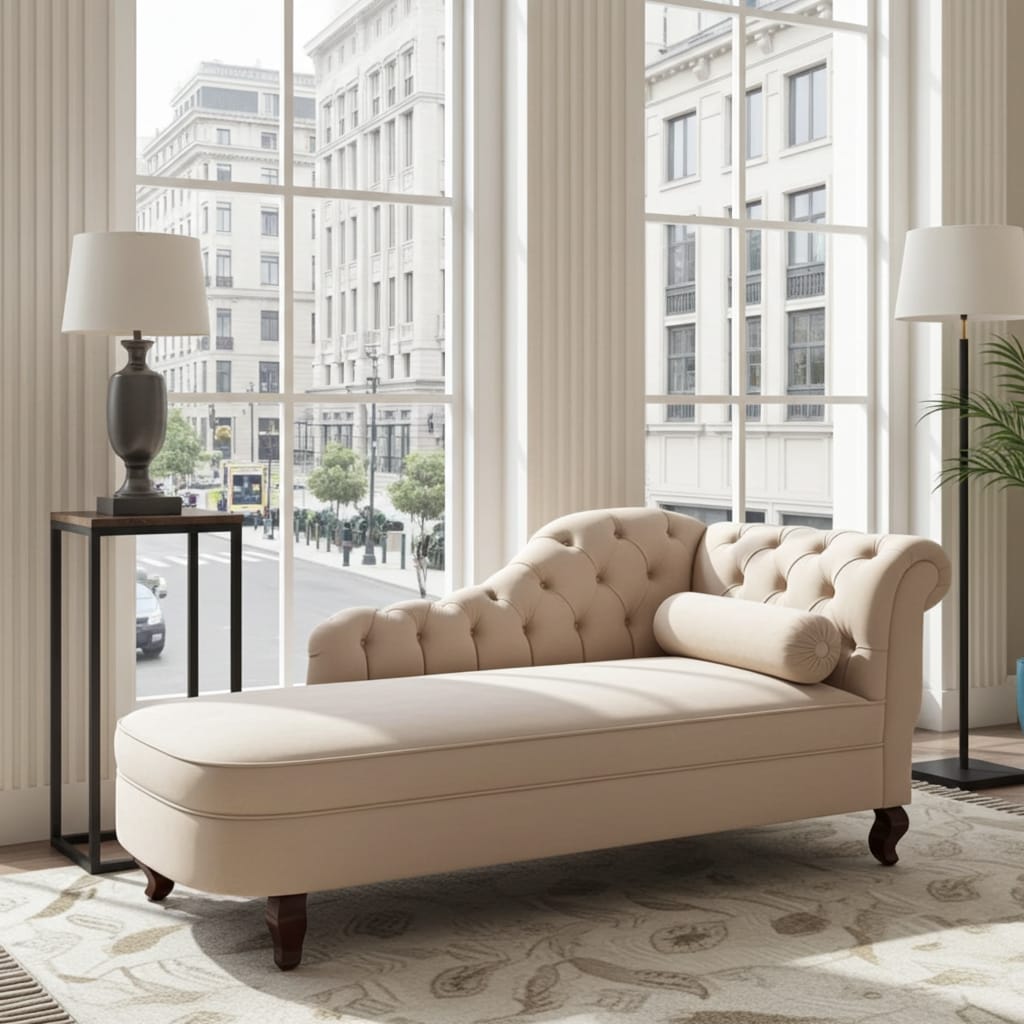 A cream tufted chaise lounge with dark wooden legs sits in a bright, modern living room with large windows, a side table with a lamp, and a patterned rug.