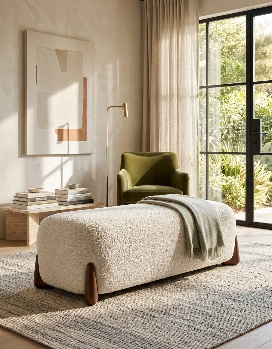 A modern living room scene featuring a large cream bouclé ottoman bench with dark wooden legs, styled with a light green throw blanket. An olive green armchair, a gold floor lamp, a wooden side table with books, and a large abstract art print are arranged around a textured gray rug, with a large window showing green foliage outside.