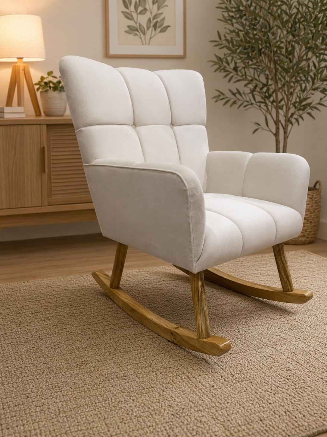 White rocking chair in a room with wooden floor and decor elements.