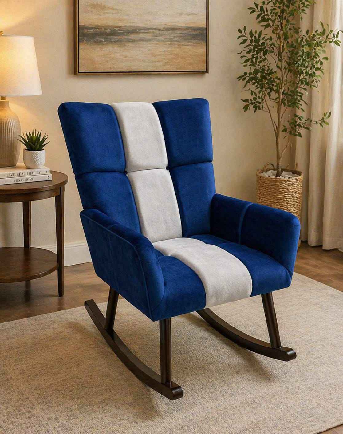 Blue and white rocking chair in a living room setting with a side table and plant.