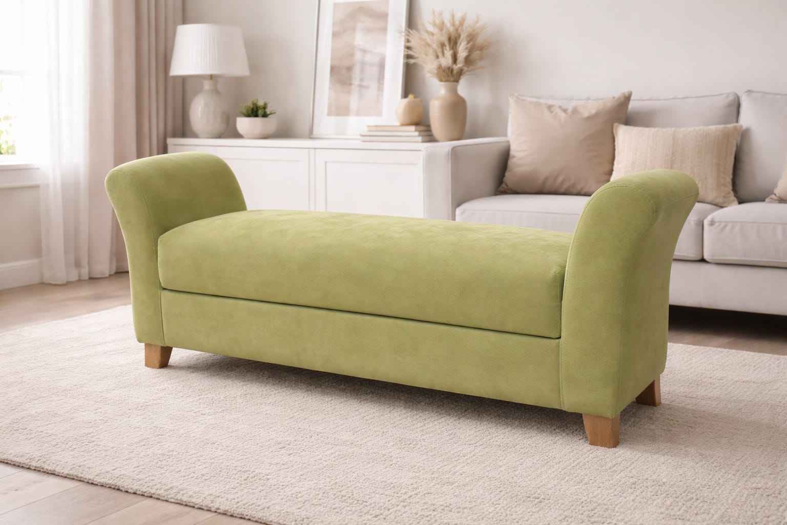 Green sofa in a living room setting with a neutral color palette