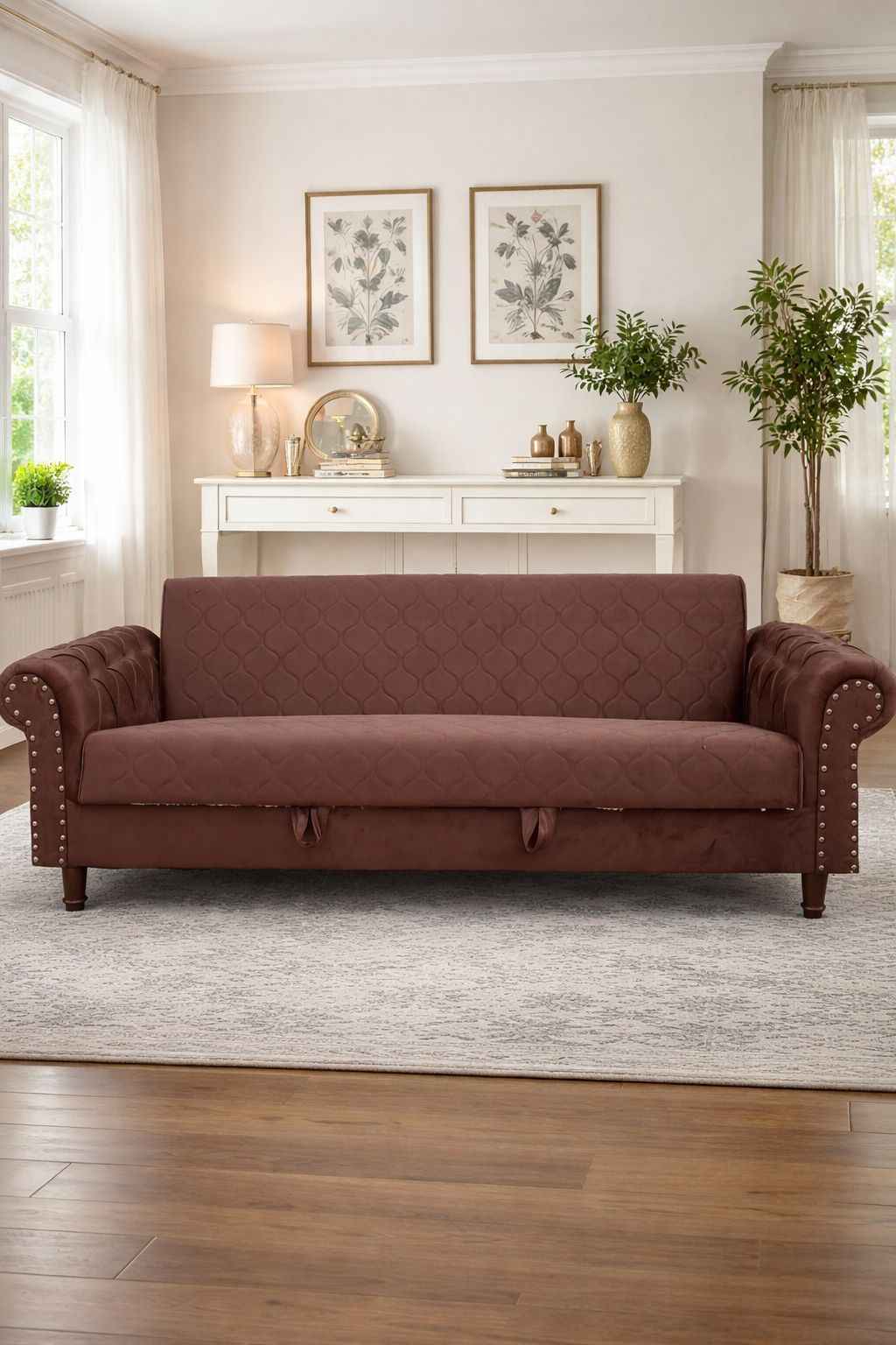 Brown sofa in a living room with decor elements.