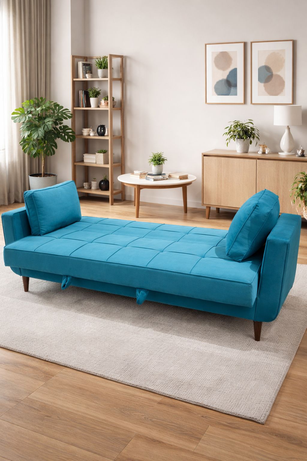 Blue sofa bed in a living room with wooden floor and shelves.