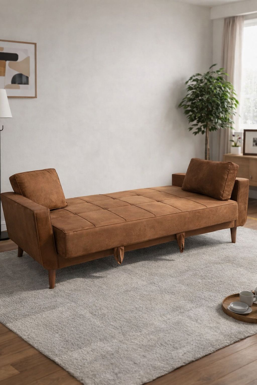 Brown sofa bed in a living room setting with a plant and rug.