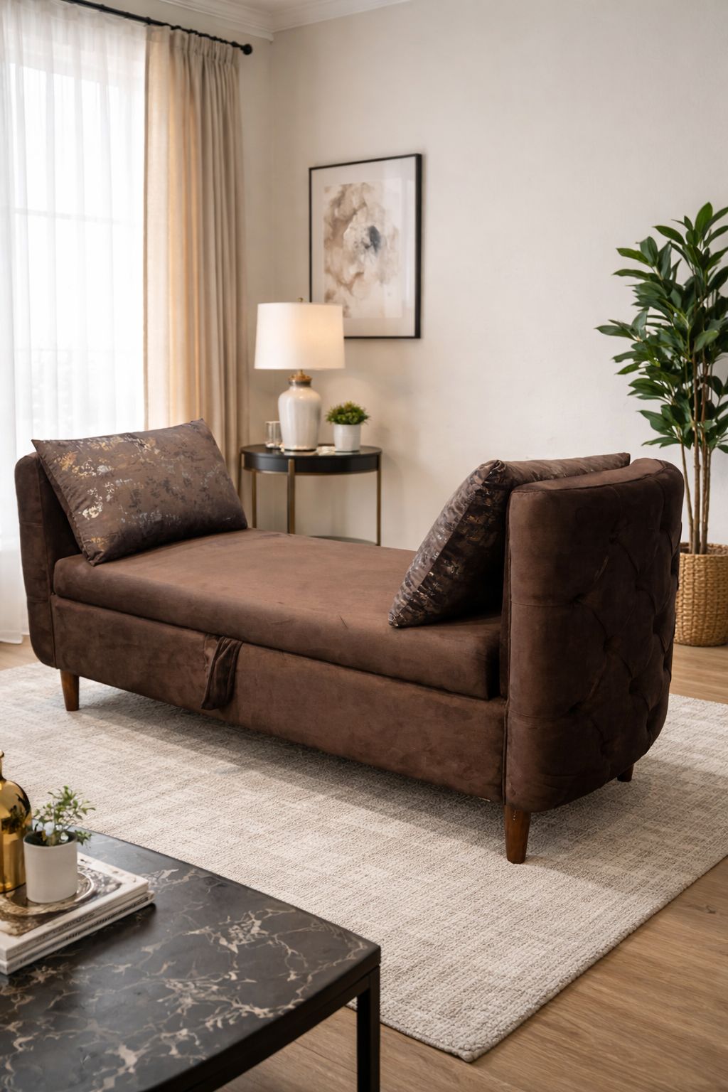 Brown sofa in a living room with a lamp, plant, and coffee table.