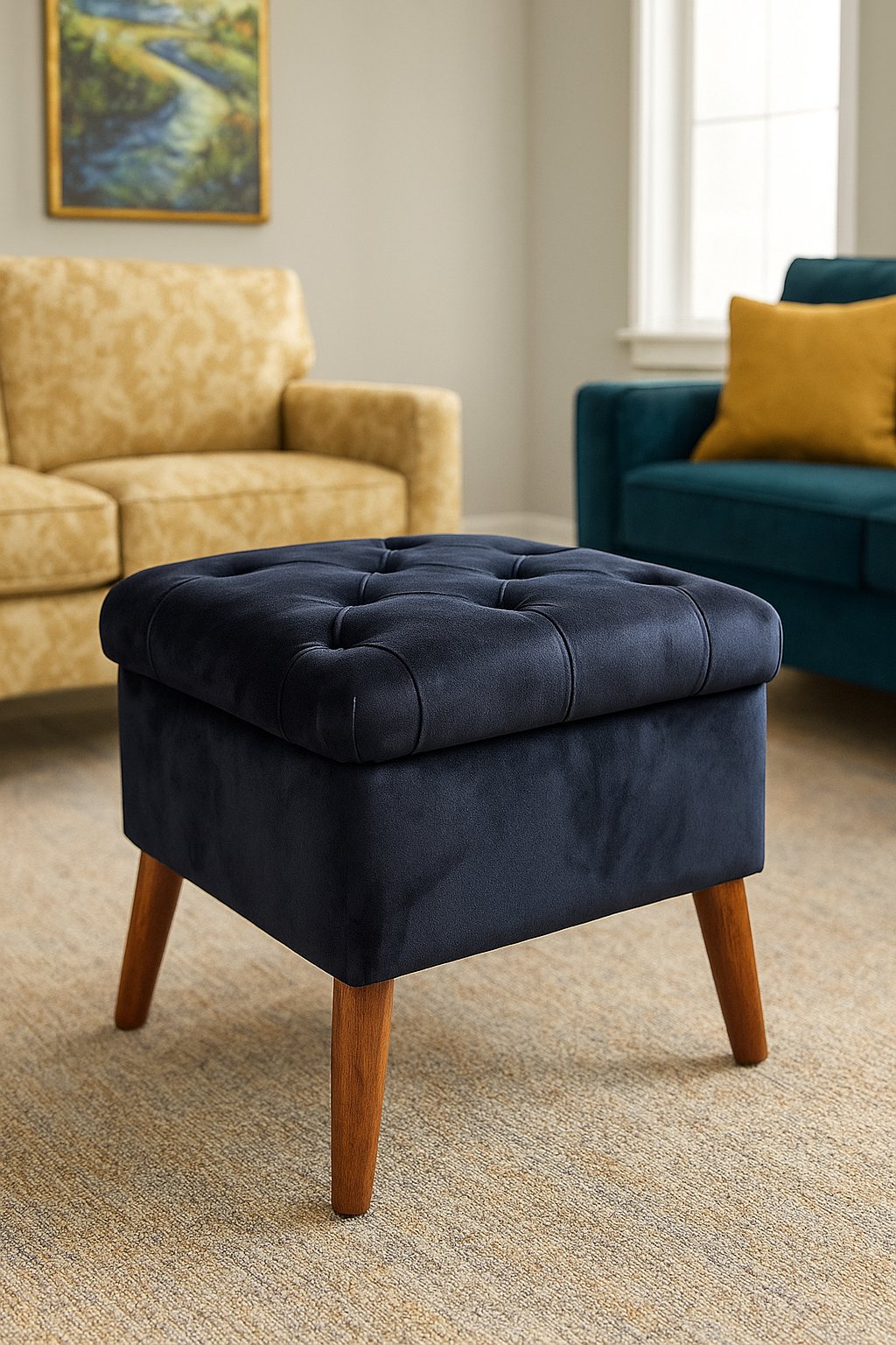 Tufted Wooden Stools Pair